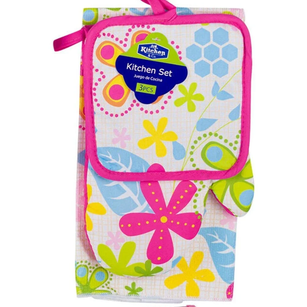 3pc Kitchen Set:1 Pot Holder,1 Oven Mitt,1 Microfiber Towel, Multicolor Flowers,